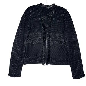 Ann Taylor Black Metallic Fringe Zip Front Knit Cardigan Sweater Jacket Small